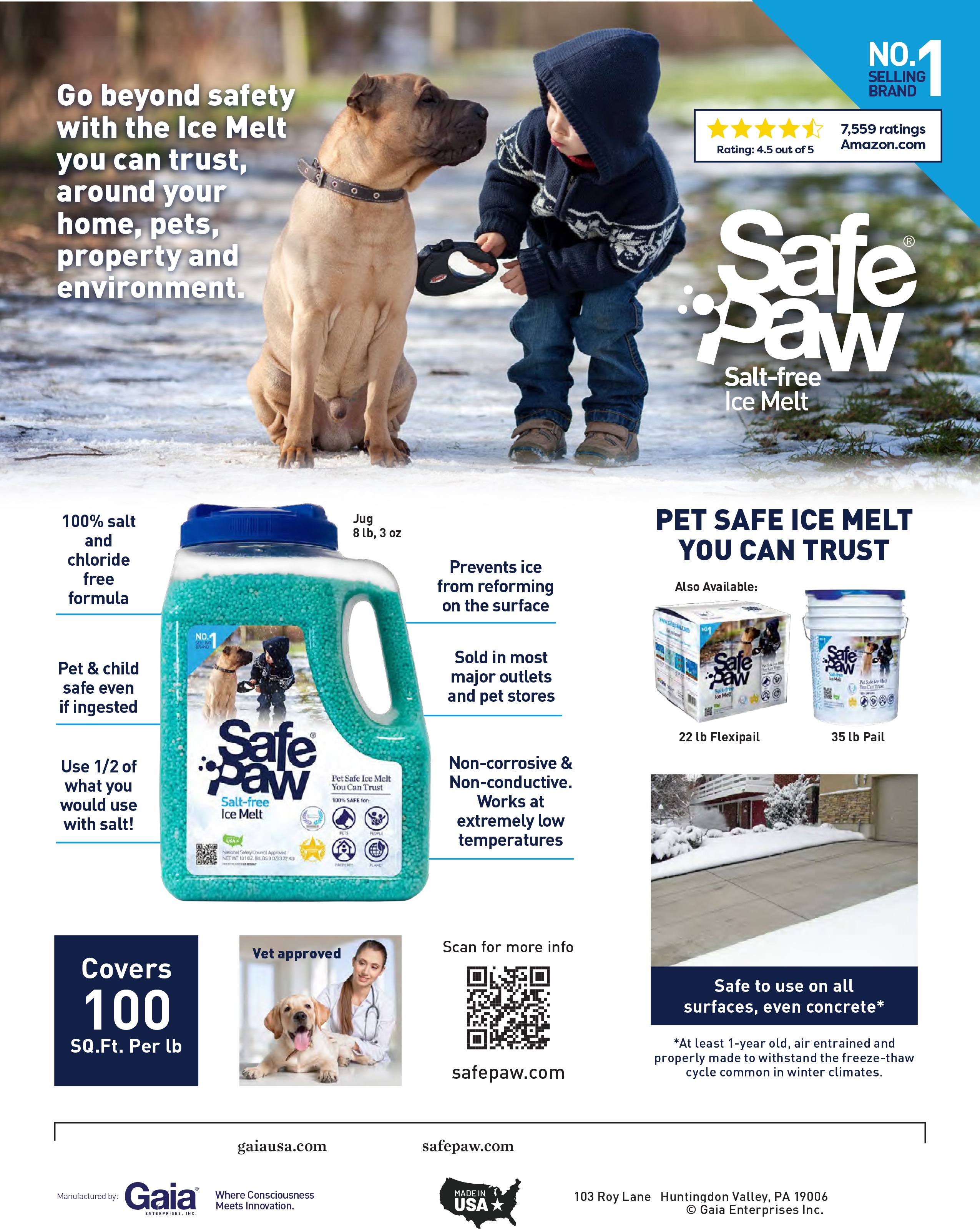 Safe Paw Ice Melt - Pet Safe 100% Salt and Chloride Free with Traction Agent, Non-Toxic, Fast Acting, Lasts 3X Longer